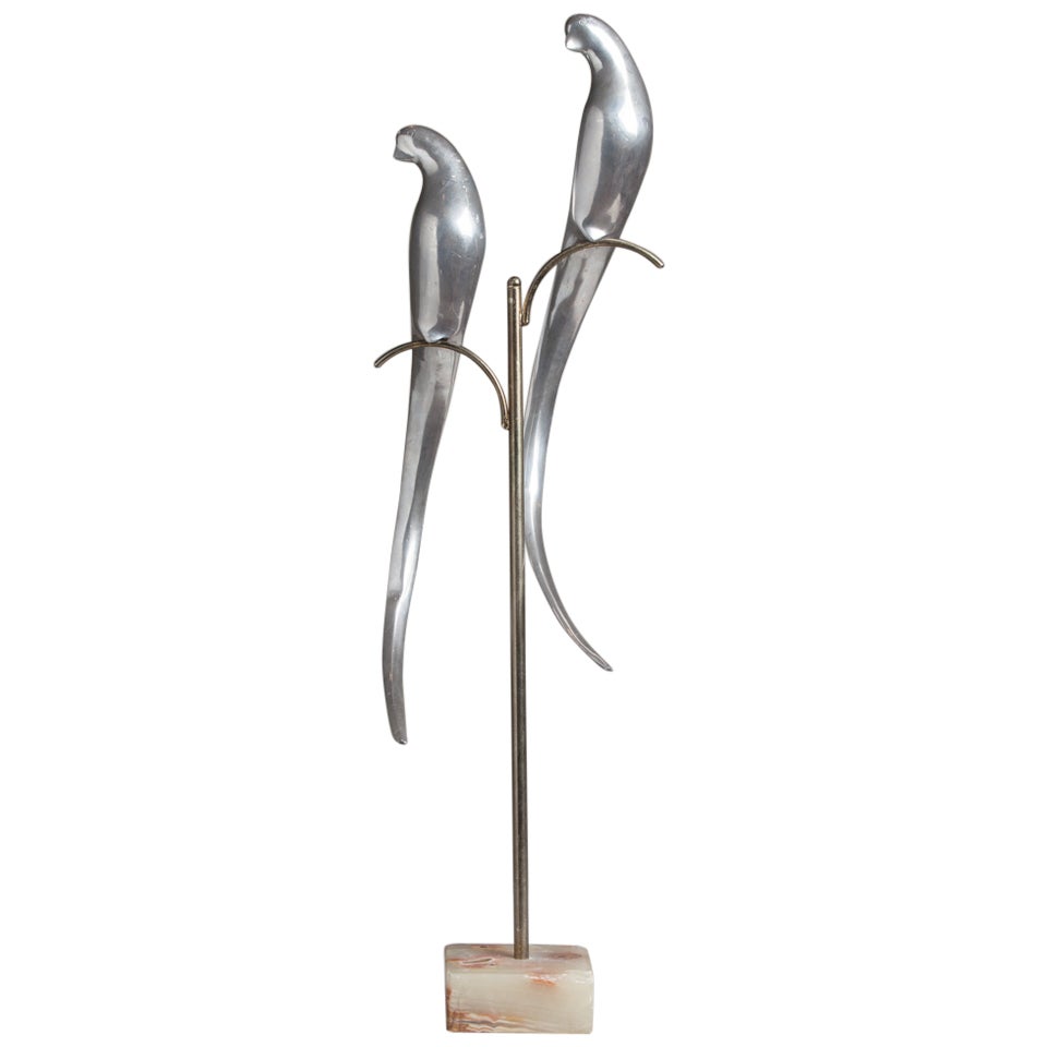 Pair of Aluminium Birds on a Stand Attributed to Curtis Jere For Sale