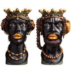 A Rare Pair of French Fiance Caspo Glazed Terracotta Sculptures