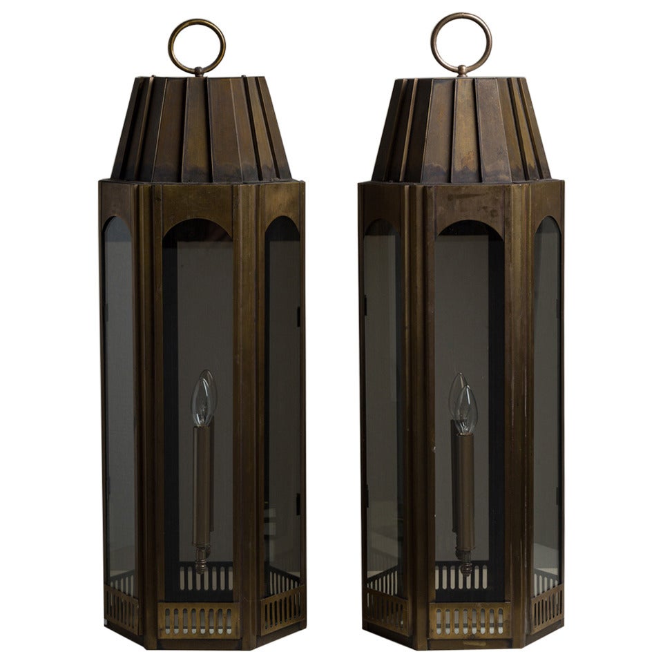 Pair of Large Art Deco Style Tarnished Brass Wall Lanterns