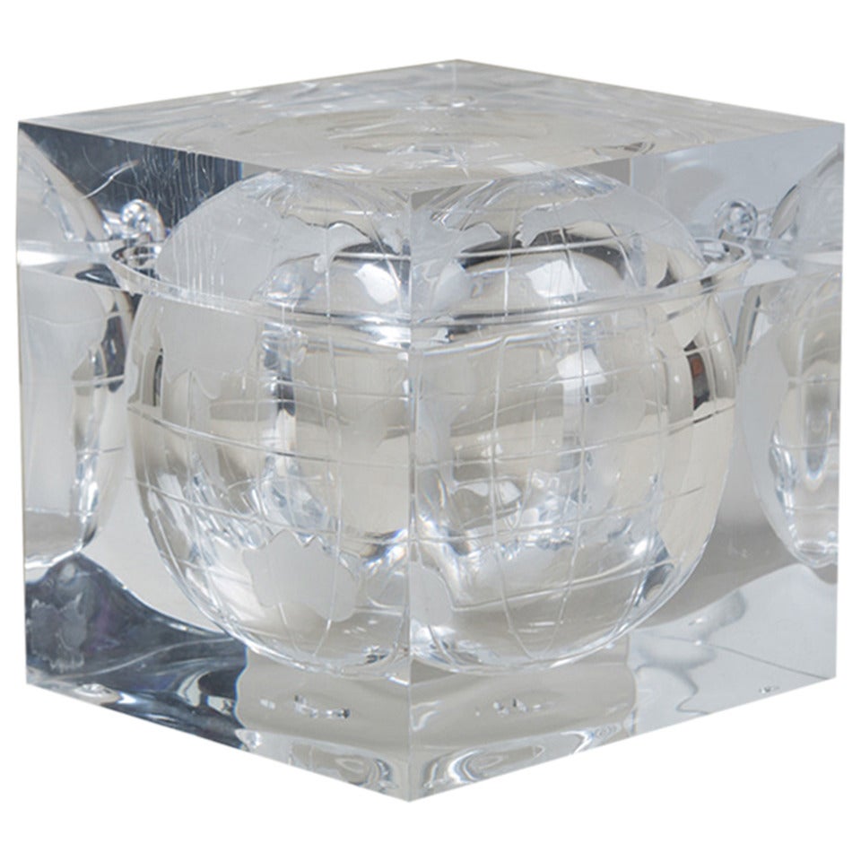 Globe Engraved Square Lucite Ice Bucket, 1970s
