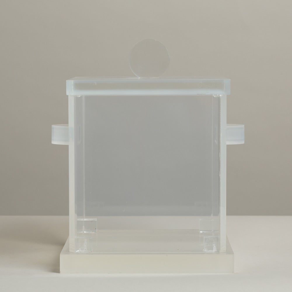 A square cloudy lucite ice bucket with handles and a removable top 1970s.
