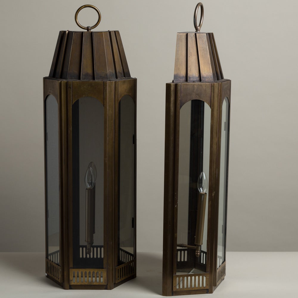 A Pair of Large Rectangular Art Deco Style Tarnished Brass Wall Lanterns 1960s