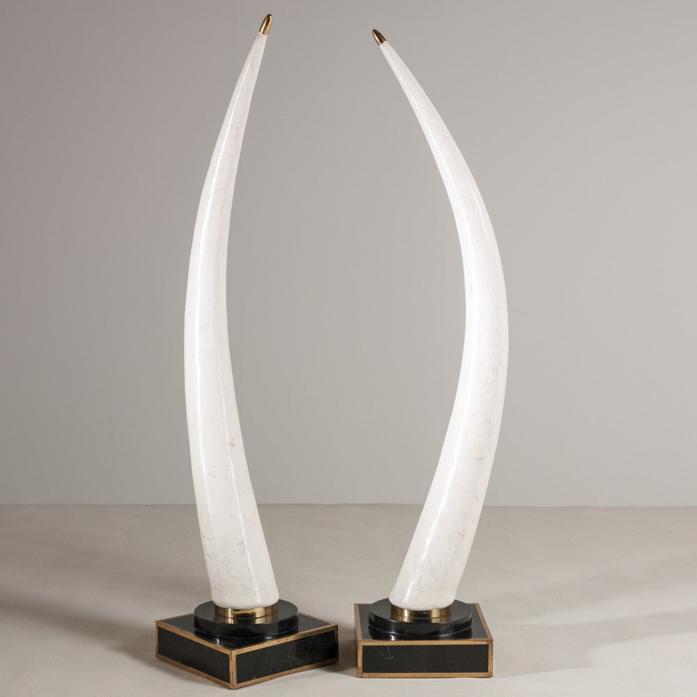 A Pair of Floor Standing Tessellated Stone Veneered Tusks with Bronze Detail 1980s