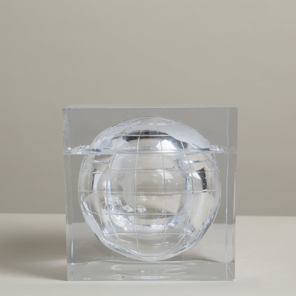 An Unusual Globe Engraved Square Lucite Ice Bucket 1970s