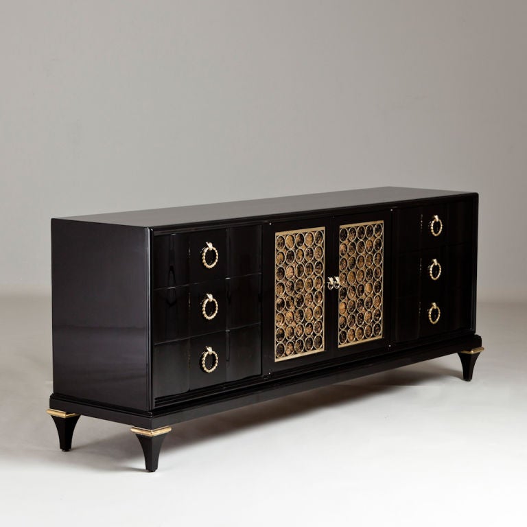 A Stunning Black Lacquer Credenza designed by Mastercraft with Bronze Mounts 1960s