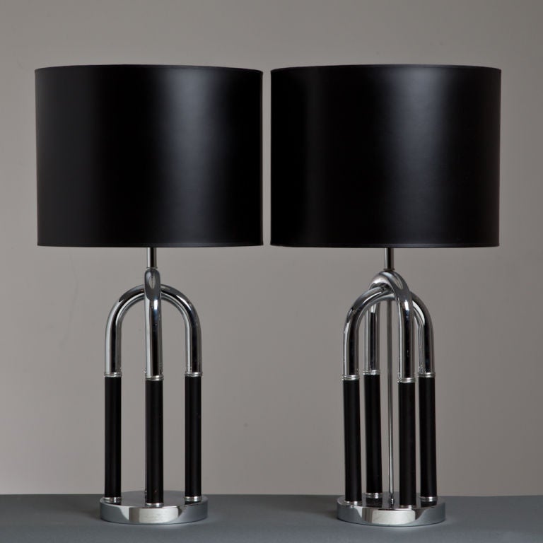 A Pair of Leather and Chrome Tubular Table Lamps 1970s