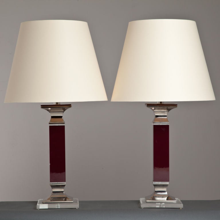 A Pair of Deep Red and Lucite Table Lamps by Bauer 1980s