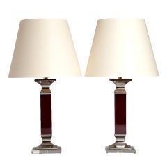 A Pair of Deep Red and Lucite Table Lamps by Bauer 1980s