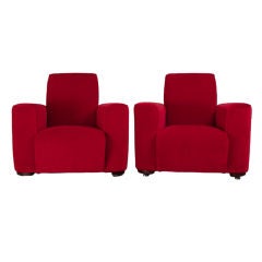 A Pair of Deco Style Wing Chairs Upholstered in Red Velvet
