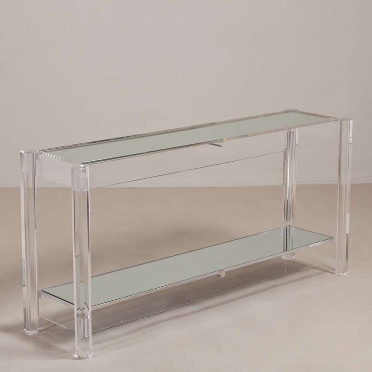 A Two Tiered Lucite Framed Console Table with Mirrored Shelves 1970s