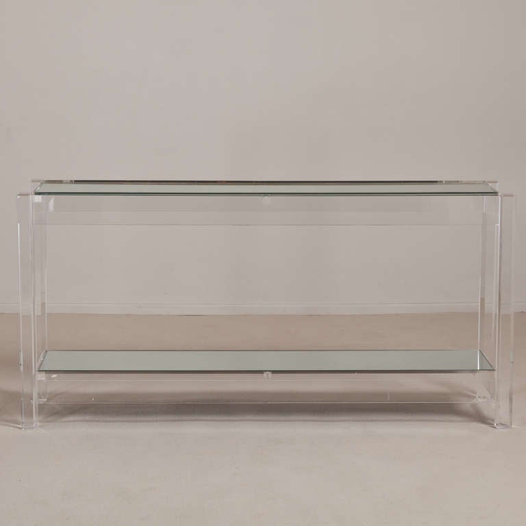 A Two Tiered Lucite Framed Mirrored Shelved Console Table 1970s In Good Condition In London, GB