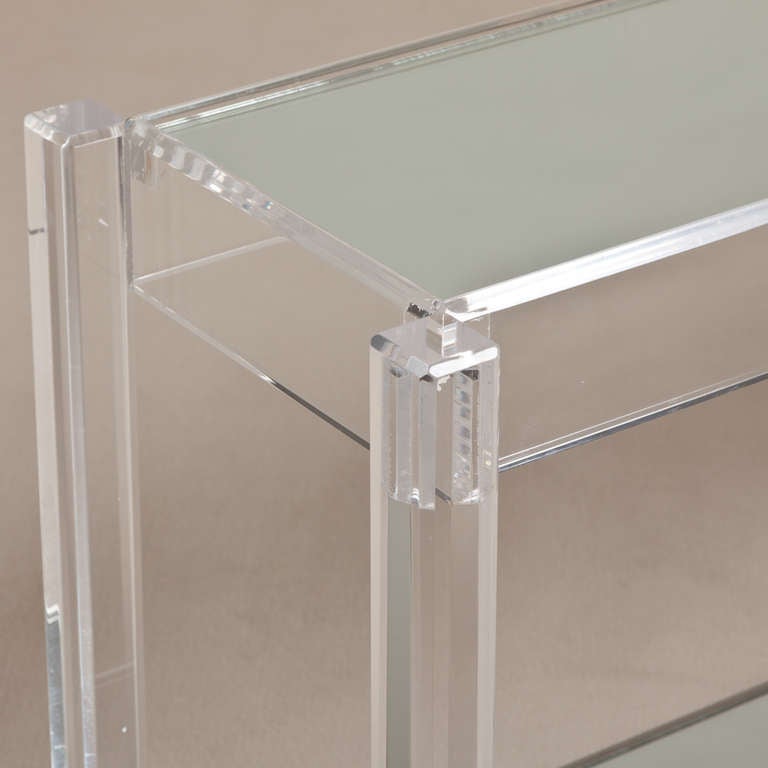 A Two Tiered Lucite Framed Mirrored Shelved Console Table 1970s 2