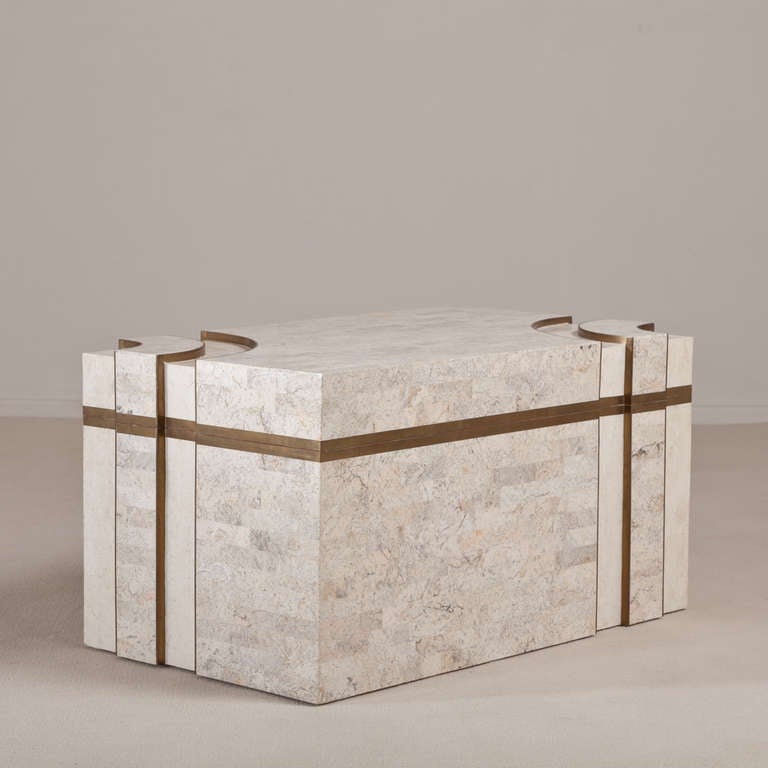 A large rare tessellated stone veneered Robert Marcius for Casa Bique designed hinged lidded chest with brass inlay, circa 1985.
