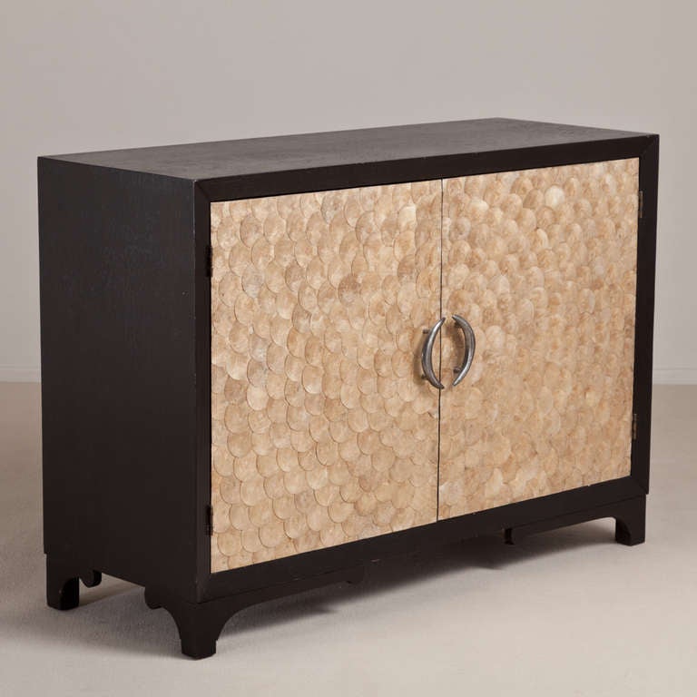 An Ebonised Two Door Sunburst Patterned Capiz Shell Fronted Cabinet with Half Moon Metal Handles 1970s