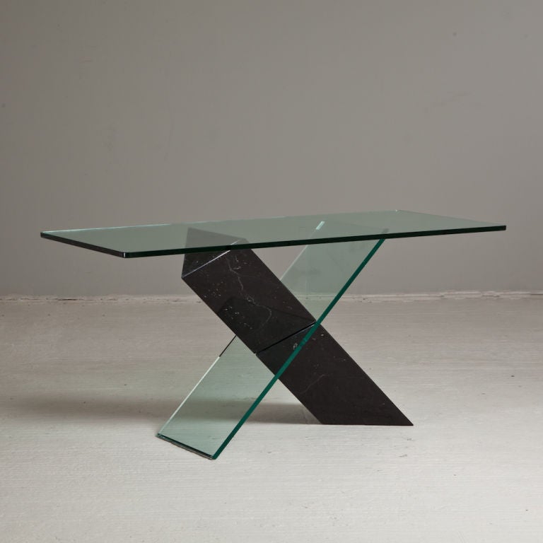 A black stone and glass console table designed by Reflex for Roche Bobois 1980s, Talisman edition.