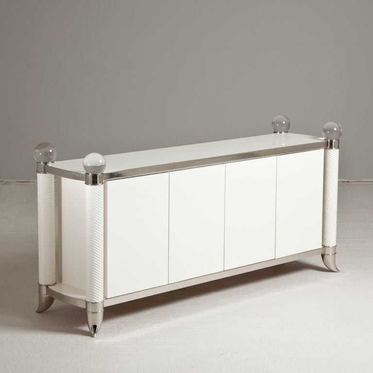 A Stunning Faux Rhino Horn White Lacquered Four Door Buffet with Nickel Plated Metalwork and Crystal Sphere Mounts 1970s, Talisman Edition
