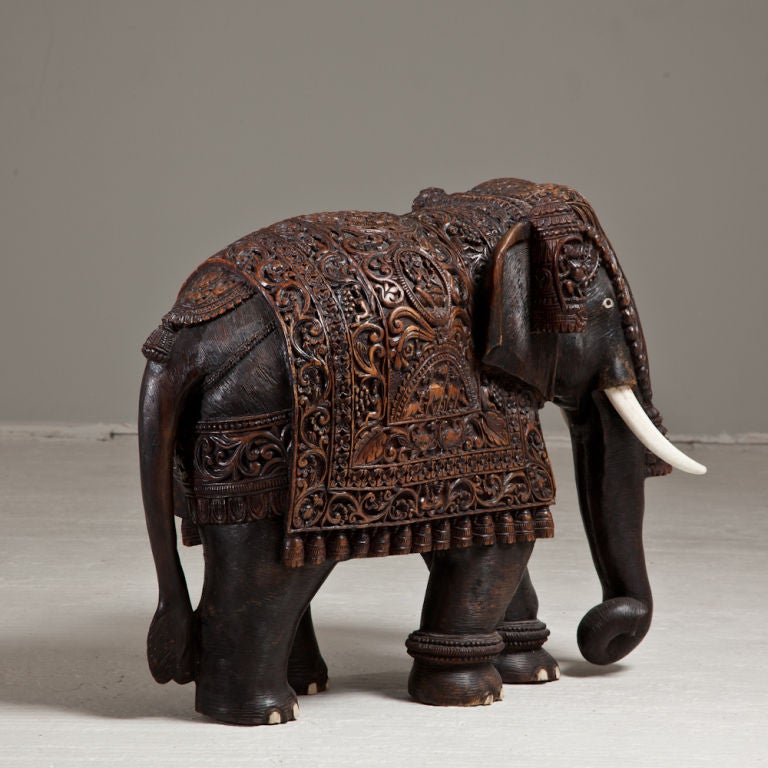 Folk Art A Mid 19th Century Teak Indian Elephant With Carved Bone Tusks
