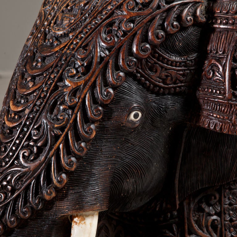 A Mid 19th Century Teak Indian Elephant With Carved Bone Tusks 5