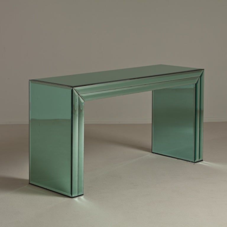 A Rare Green Tinted Mirrored Glass Console Table 1970s
