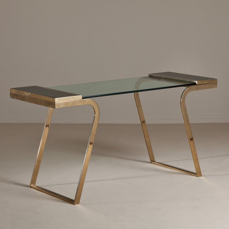 A  Brass and Glass Desk with Faux Malachite Sides 1980s