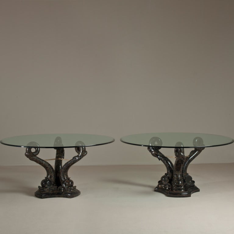 A Maitland Smith Designed Dolphin Centre Table in Shell Veneers Lined with Brass Details and Support with Malachite Detail and a Glass Top 1980s

Pair Available