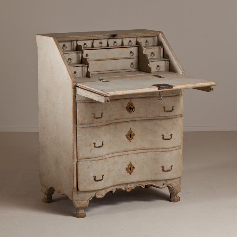 18th Century and Earlier A Fantastic Swedish Painted Rococo Secretaire 1800s
