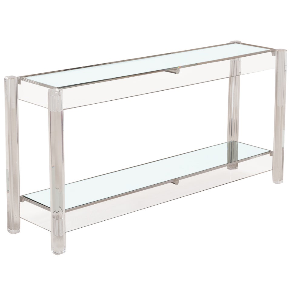 A Two Tiered Lucite Framed Mirrored Shelved Console Table 1970s