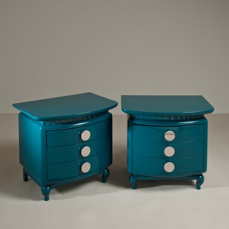 A Stunning Pair of Turquoise Lacquered Three Drawer Commodes originally from The Eden Rock Hotel Miami circa 1980s/90s, Talisman Edition