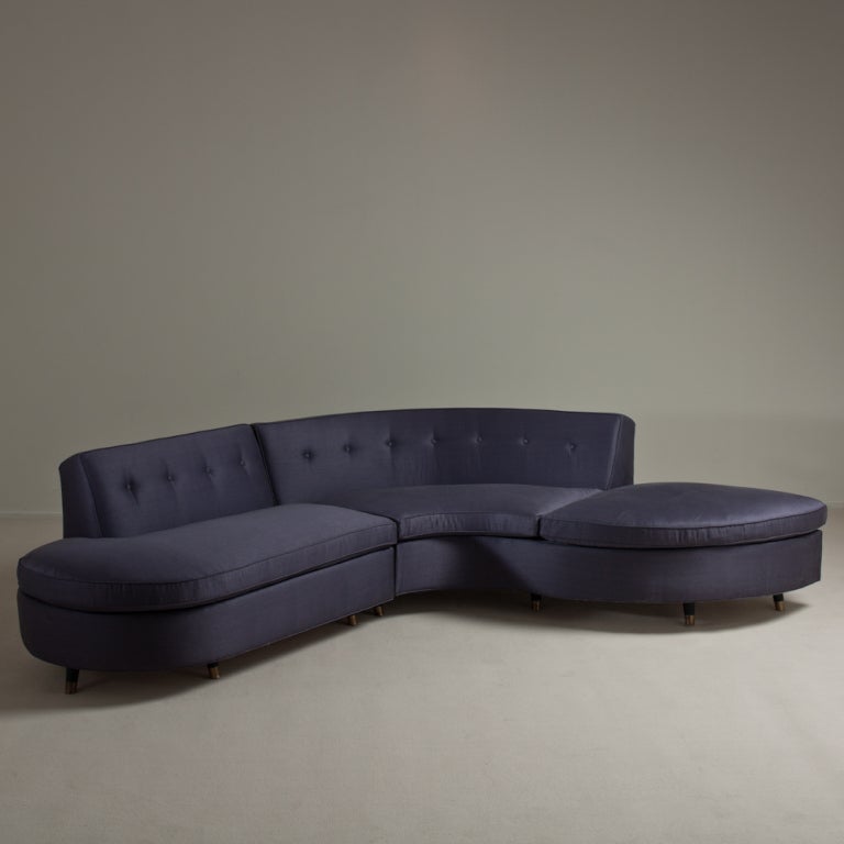 A Superb Two Part 1950s Curvy Sectional Sofa on Brass Capped Feet Upholstered by Talisman