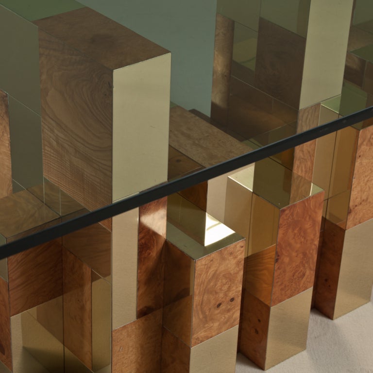 An Ash, Burl and Brass Veneered Paul Evans Dining Table Base from his Cityscape Collection for Directional USA 1970s