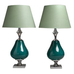Unusual Pair of Teal Ceramic and Nickel Table Lamps, 1960s 3