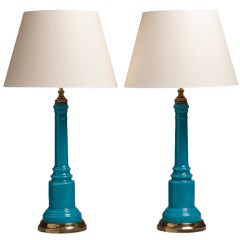 A Pair of Blue Glass Lamps with Brass Mounts 1960s
