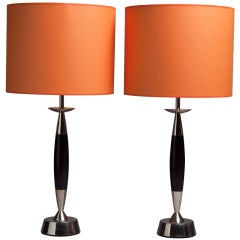 A Pair of Black Wooden and Nickel Column Table Lamps 1960s