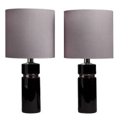 A Pair of Glass and Chromed Metal Cylindrical Table Lamps 1970s