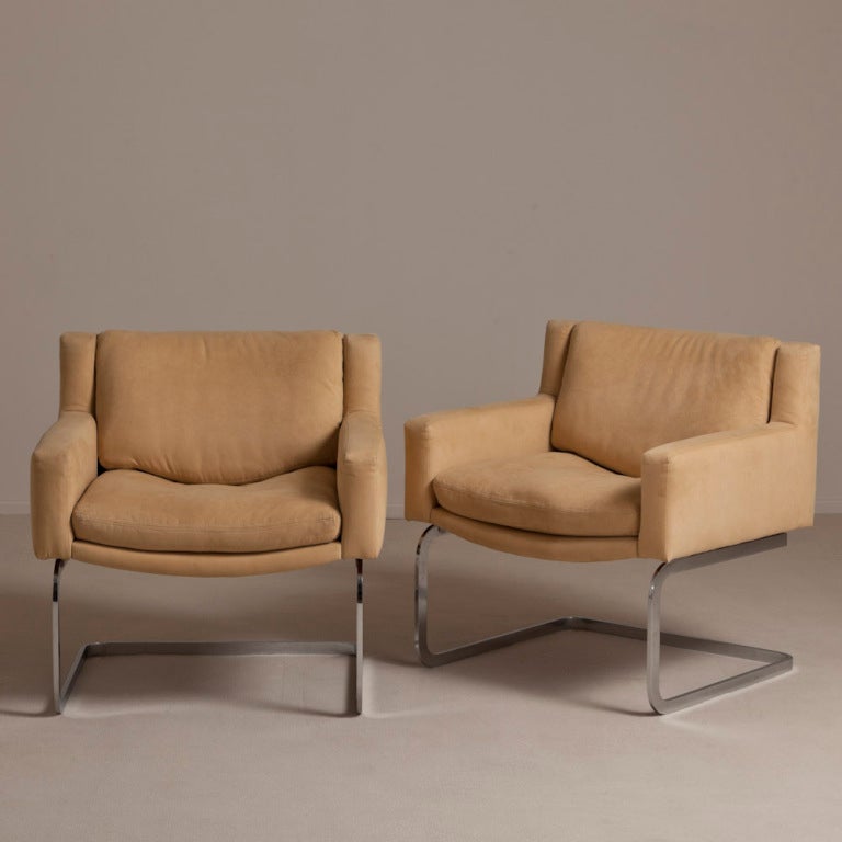 A Pair of Stendig designed Cantilevered Chromium Steel Framed Armchairs Upholstered in Original Fabric Finland 1970s