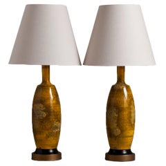 A Rare Pair of Mustard Glazed Ceramic Table Lamps