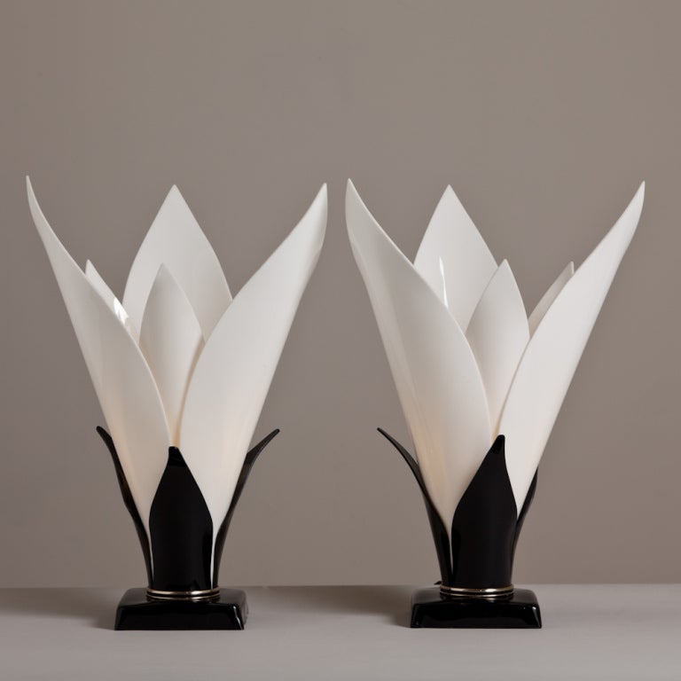 A Pair of Tulip Shaped Black and Opaque Acrylic Table Lamps by Rougier 1970s