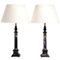 A Pair of Black Marble and Brass Column Table Lamps 1970s