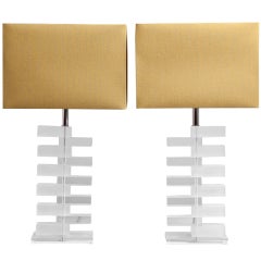 A Pair of Clear and Frosted Lucite Block Table Lamps 1970s