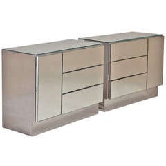 A Pair of Mirrored and Steel Wrapped Side Cabinets 1960s