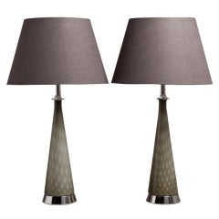 A Rare Pair of Khaki and White Speckled Murano Glass Lamps