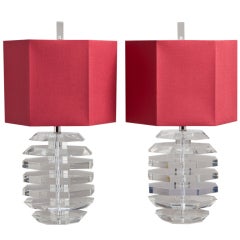 A Superb Pair of Honeycomb Shaped Stacked Lucite Table Lamps