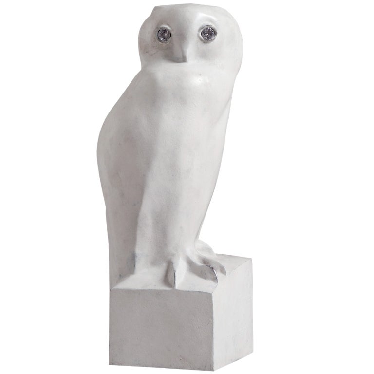 A White Patinated Sculpture of an Owl by Christian Maas