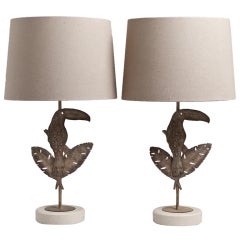 Vintage A Superb Pair of Metal Toucan Depicted Table Lamps