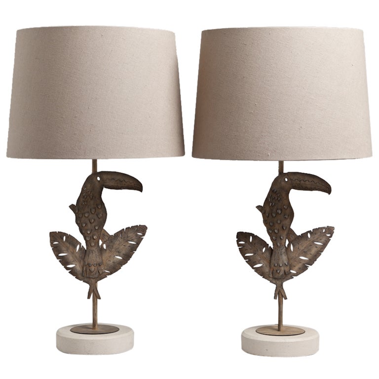 A Superb Pair of Metal Toucan Depicted Table Lamps