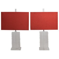 A Pair of Square Tightly Stacked Lucite Table Lamps