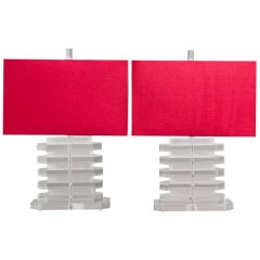 A Pair of Chunky Stacked Clear and Frosted Lucite Lamps 1970s