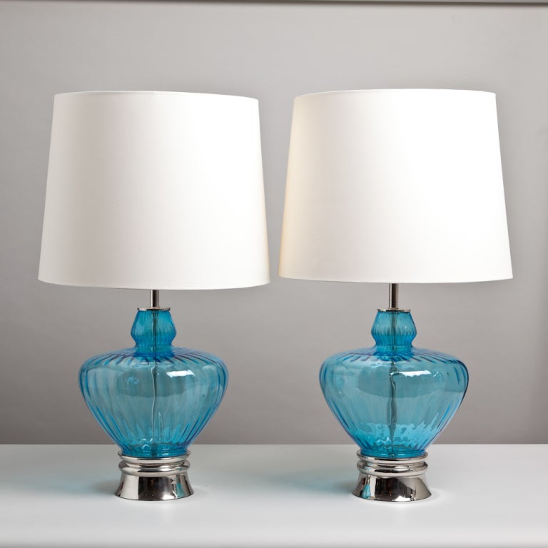 A Pair of Turquoise Blue Glass Lamps on Nickel Bases 1970s at 1stdibs