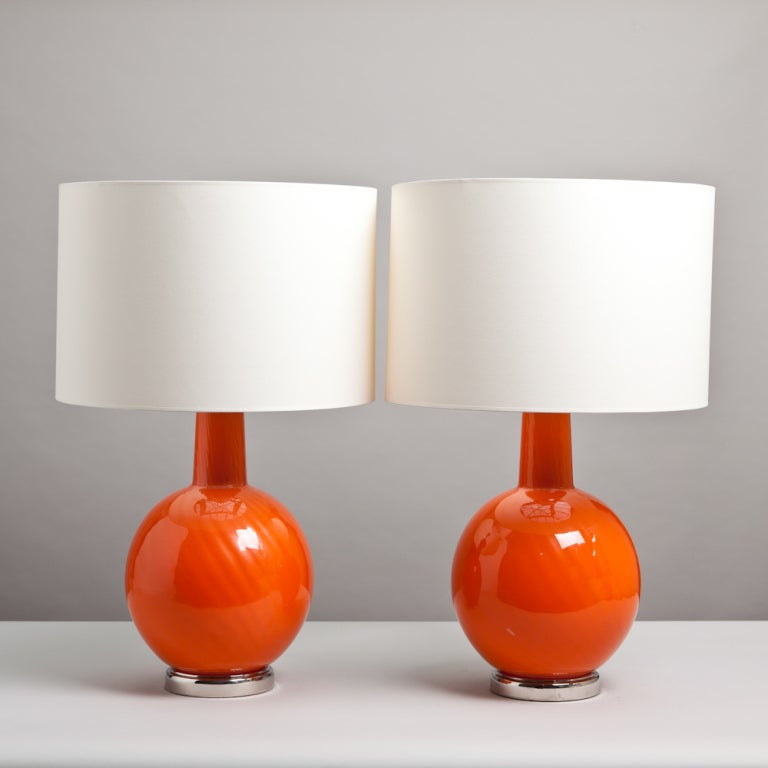 A Pair of Vibrant Iridescent Orange Glass Table Lamps on Nickel Bases 1970s, Talisman Edition