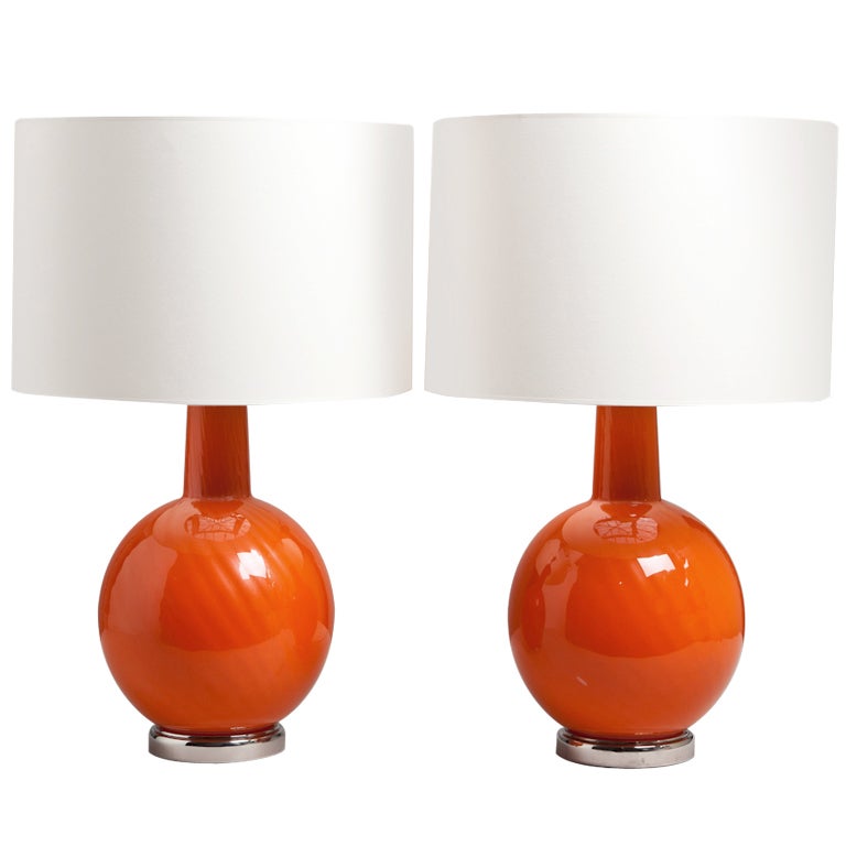A Pair of Large Orange Glass Lamps on Nickel Bases 1970s